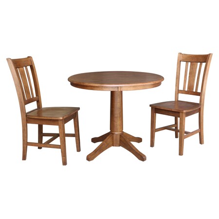 International Concepts Round 36 in Rd Top Pedestal Table, 2 San Remo Chairs, Distressed Oak, 36 in W, 36 in L, 29.1 in H K42-36RT-27B-C10-2